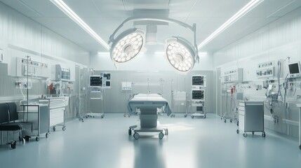 A sterile hospital operating theater with advanced technology, minimalist design, and bright lighting creating a clean, organized environment.