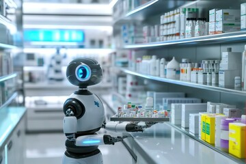 A sterile hospital pharmacy where robots prepare medications, AI ensuring precise dosing and distribution in a clean, brightly lit environment.