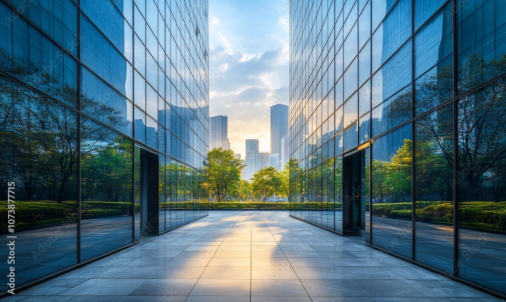 Poster a modern urban cityscape with two tall buildings on either side of a paved walkway leading to a view