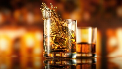 Freeze Motion of Splashing Whiskey with Ice.