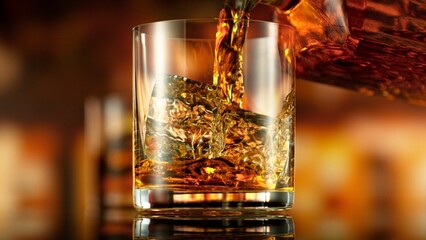 Freeze Motion of Pouring Whiskey into Glass with Ice.