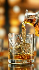 Freeze Motion of Pouring Whiskey into Glass with Ice.