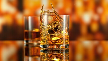 Freeze Motion of Splashing Whiskey with Ice.