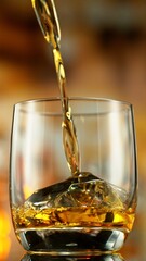 Freeze Motion of Pouring Whiskey into Glass with Ice.