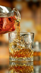 Freeze Motion of Pouring Whiskey into Glass with Ice.