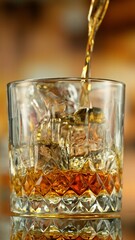 Freeze Motion of Pouring Whiskey into Glass with Ice.