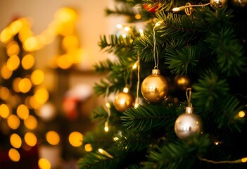 Festive Christmas Tree with Warm Lights and Elegant Ornaments created with generative AI