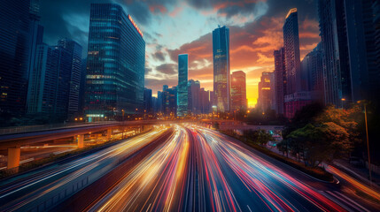 Obraz premium Cityscape Dusk: Skyscrapers, Highway, Light Trails