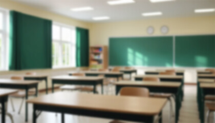 School classroom in blur background without young student; Blurry view of elementary class room no kid or teacher with chairs and tables in campus.

