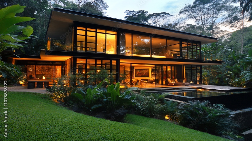 Aufkleber a modern, glass-fronted house with a swimming pool, nestled in a lush, green forest setting. the hou