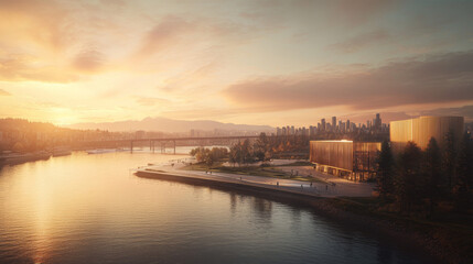 Naklejka premium Sunset Waterfront AI Data Center: River, Cityscape, Modern Architecture, Golden Facade, 3D Rendering