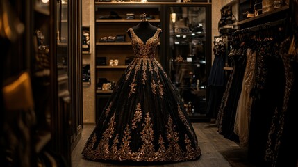 Naklejka premium A stunning black and gold evening gown displayed in a boutique.
