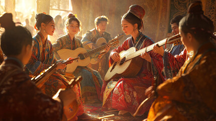Fototapeta premium Golden Hour Ensemble: Traditional Music, Cultural Fusion, Vibrant Costumes, String Instruments