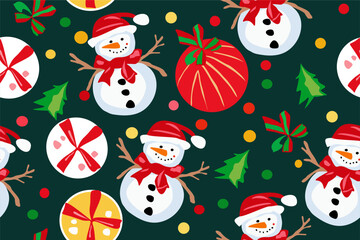 Hand drawn vector seamless
christmas pattern with cartoon funny
snowman in hat of santa claus, toys ball, christmas tree. 2025 New Year fashion ornament for fabric, paper, textiles, notepad, packaging