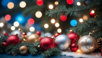 Christmas decorations including red and gold ornaments, twinkling lights, and pine branches on a vibrant blue bokeh background with soft glowing circles of light create with ai