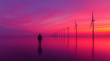 Fototapeta premium serene sunset over offshore wind farm with vibrant colors