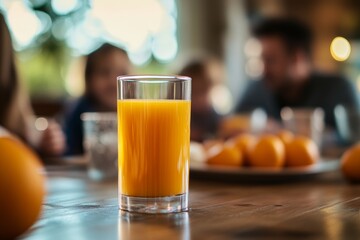Close up of a glass of orange juice on a table with family members in the background