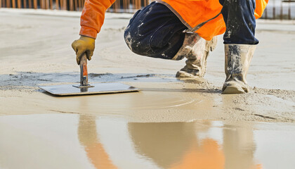 Construction worker leveling concrete surface with trowel