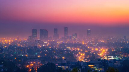 Fototapeta premium A vibrant city skyline at dusk, illuminated by city lights and a colorful sky.