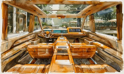 The SUV has a large rear space, three seats, all-white leather interior, center console and flat-panel touch screens on both sides, a head-up display above one screen Digital illustration