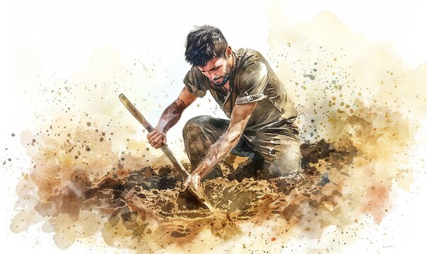 The Parable of the Talents. Man digging his treasure. Servant, out of fear or mistrust rather than greed, buries his single talent 