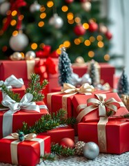Cozy Holiday Scene with Wrapped Gifts and Festive Decorations created with generative AI