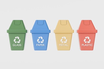 3D Realistic Recycling Bin Icon with multiple color variations. Minimal Cartoon Waste trash bin, Garbage container, Recycle bin icon. Emphasizing sustainability and eco-friendliness concept 3d render.