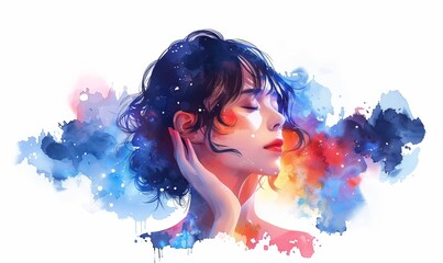 Woman in discomfort covering ear due to painful sound, prompting a visit Digital illustration, white background, watercolor style