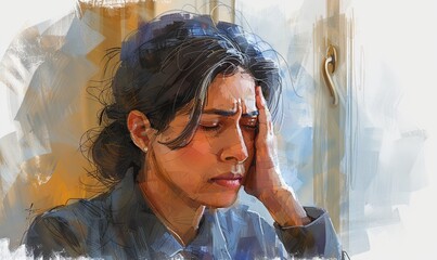 Woman in discomfort covering ear due to painful sound, prompting a visit Digital illustration, white background, watercolor style