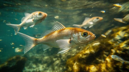 Fototapeta premium Underwater scene featuring swimming fish in a natural habitat.