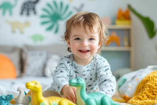 Adorable two year old joyfully plays with dinosaur figurines in a bright children s room