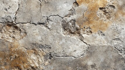 Close-up of weathered, cracked, and textured concrete wall with gray, brown, and white hues.