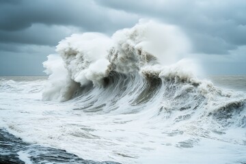 Obraz premium Dramatic stormy sea scene with massive waves crashing against the shore, showcasing nature s power