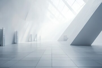 Fototapeta premium A minimalist exhibition room with smooth tiled floors, angular architectural lines, and hazy, blurred signs near the exits.