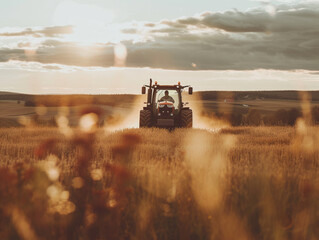 Fototapeta premium A farmer working the fields on a tractor.