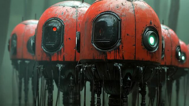 A cluster of orange robots navigates through a foggy forest, showcasing their unique design and technological features in a captivating environment