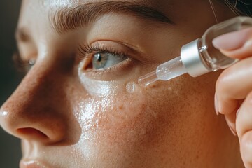 A woman delicately applies a skincare serum under her eye in warm, soft lighting, showcasing her healthy complexion and attention to skincare