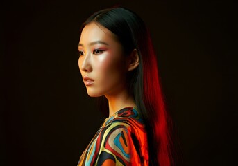 Fashion portrait of a beautiful young Asian woman in colorful lighting