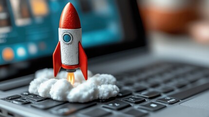 Rocket Launches From Laptop Keyboard Symbolizing Innovation And Progress