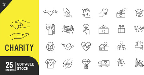 Charity line editable icon set. Donation, contribution, humanism, altruism thin modern style vector illustration.