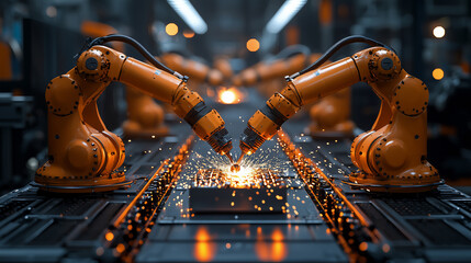 Pair of robotic arms welding on production line, sparks flying, high-tech automation, industrial manufacturing, precision engineering in metalwork