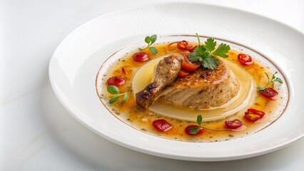 Succulent chicken dish with vibrant sauce and chili garnish - perfect for gourmet food blogs, restaurant websites, cooking tutorials, and culinary photography portfolios