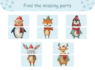Find the missing partsof animals Christmas educational game Activity for preschool kids and toddlers