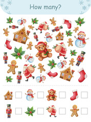 How many objects Christmas educational game Activity for preschool kids and toddlers Count and write