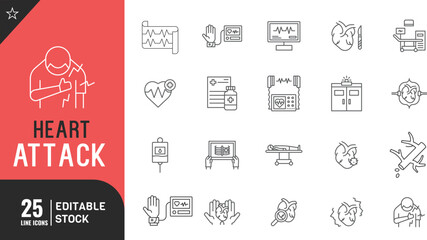 Heart attack  line editable icon set. cardiology, doctor, nurse, insurance thin modern style vector illustration.