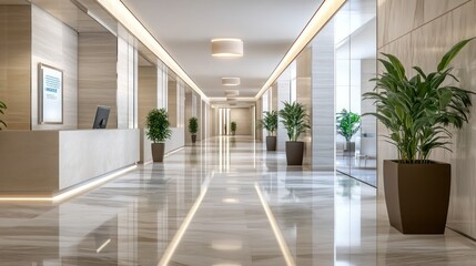 A modern office building lobby corridor with clean marble floors, contemporary lighting fixtures and minimalist furnishings creating an elegant look.