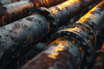 A group of rusty pipes with a lot of oil dripping from them