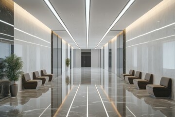 A modern office lobby corridor with reflective marble floors and linear ceiling lights, minimalist seating arranged in an orderly fashion along the walls.