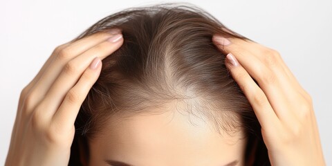 Naklejka premium A woman gently touches her thinning hair near the scalp, expressing concern about hair loss. Her hands are delicately placed, highlighting the affected areas