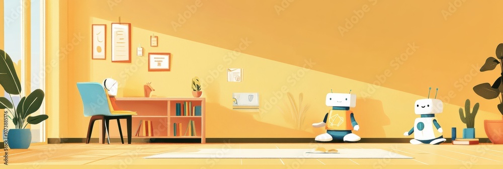 Poster this cheerful children's room is filled with vibrant colors and friendly robot assistants, creating 